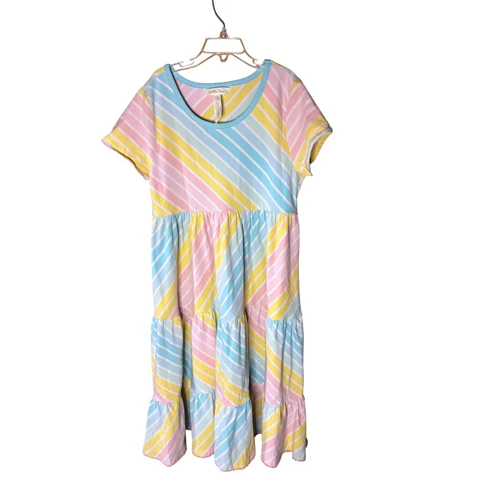 Matilda Jane Girls Pastel Diagonal Stripe Tiered Maxi Dress Pink Yellow Blue 10